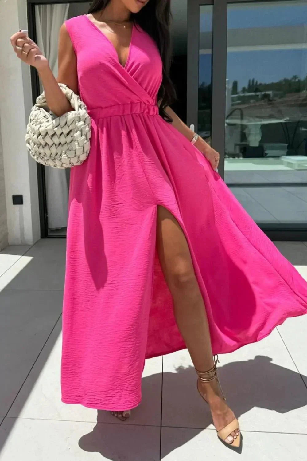 Surplice Sleeveless Slit Maxi Dress - VILLA FASHION