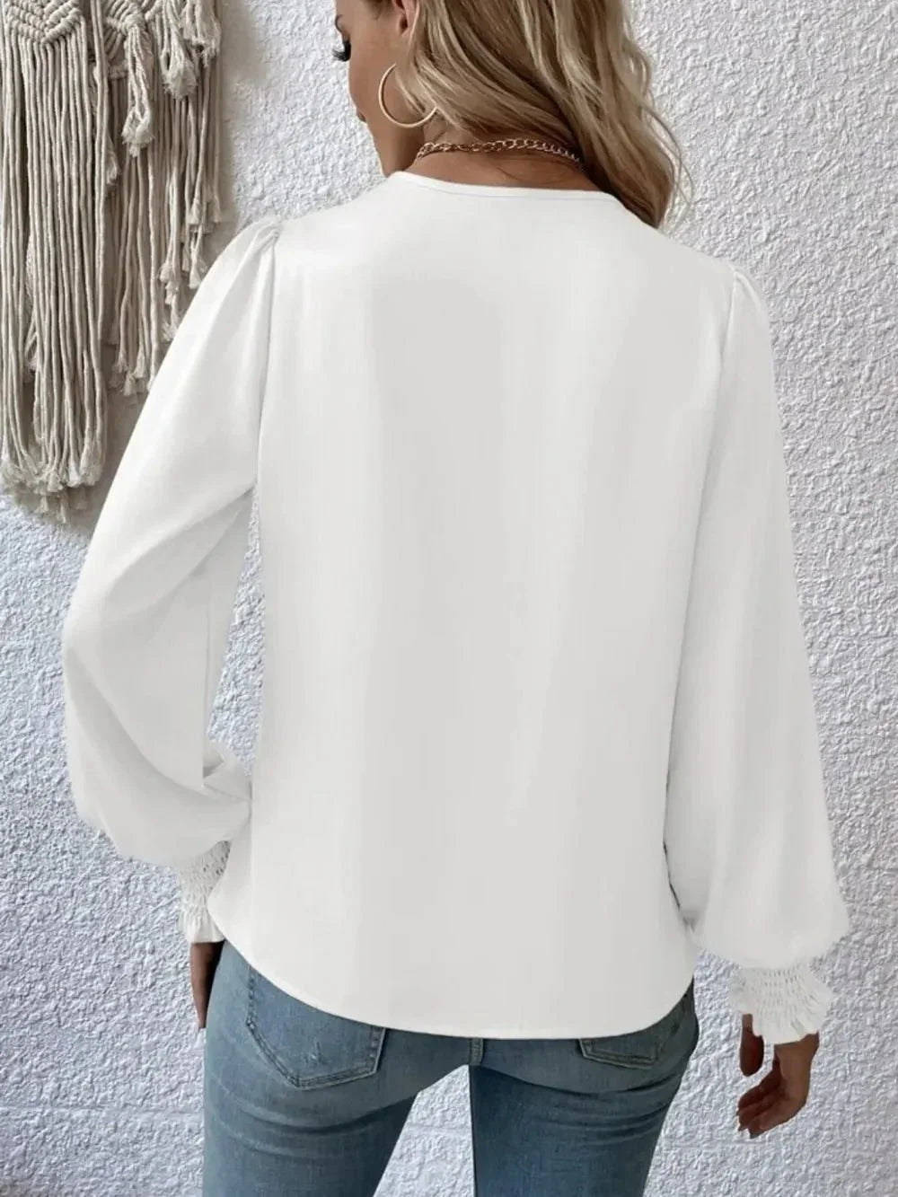 Surplice Smocked Lantern Sleeve Blouse - VILLA FASHION
