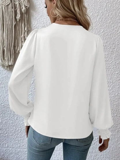 Surplice Smocked Lantern Sleeve Blouse - VILLA FASHION