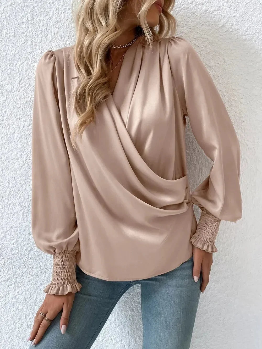 Surplice Smocked Lantern Sleeve Blouse - VILLA FASHION