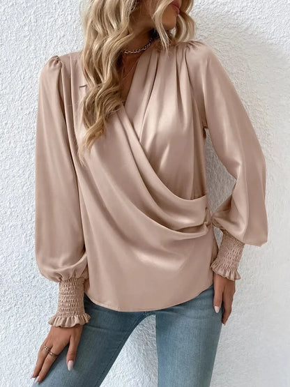 Surplice Smocked Lantern Sleeve Blouse - VILLA FASHION