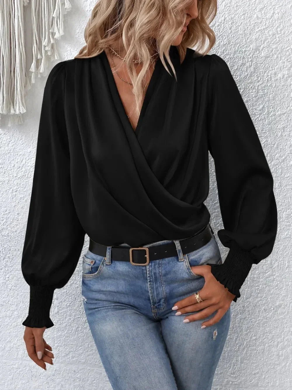 Surplice Smocked Lantern Sleeve Blouse - VILLA FASHION