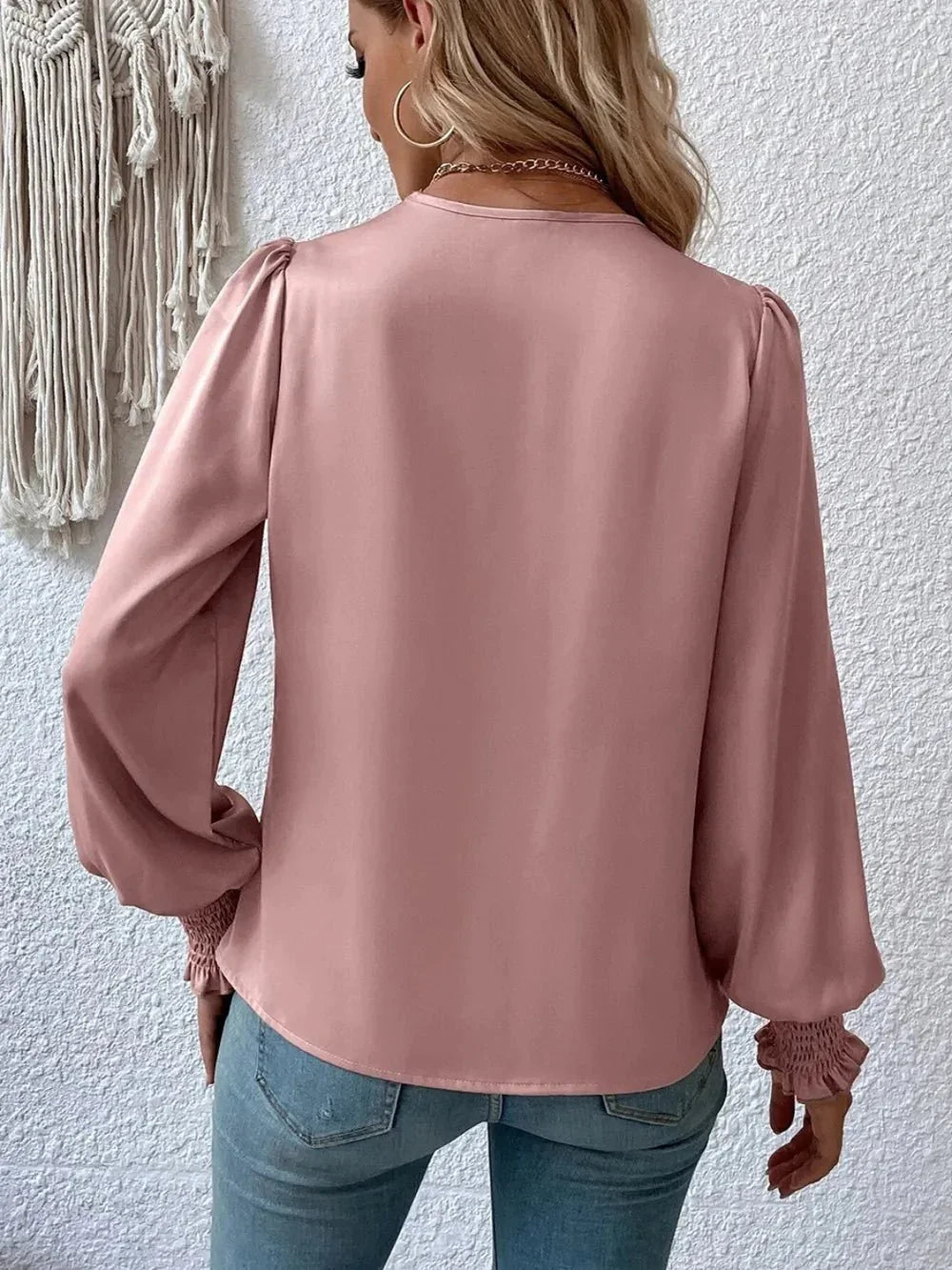 Surplice Smocked Lantern Sleeve Blouse - VILLA FASHION
