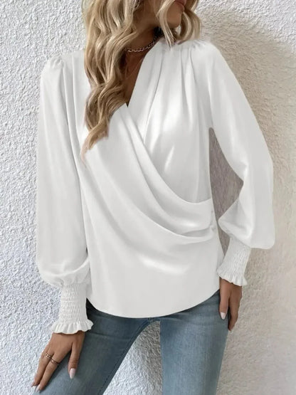 Surplice Smocked Lantern Sleeve Blouse - VILLA FASHION