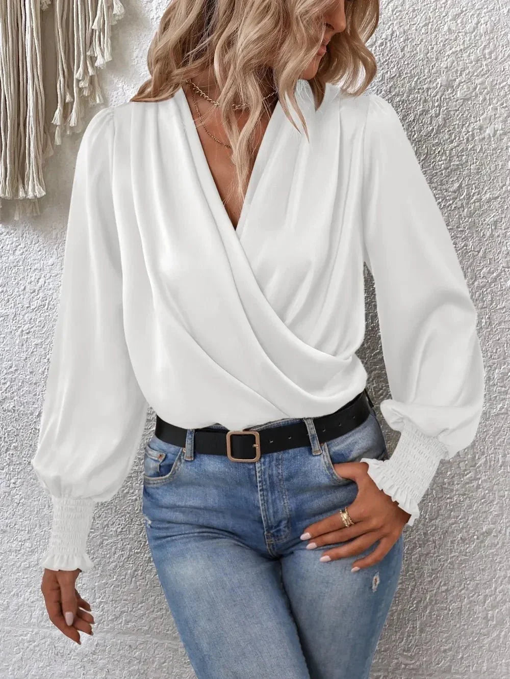 Surplice Smocked Lantern Sleeve Blouse - VILLA FASHION