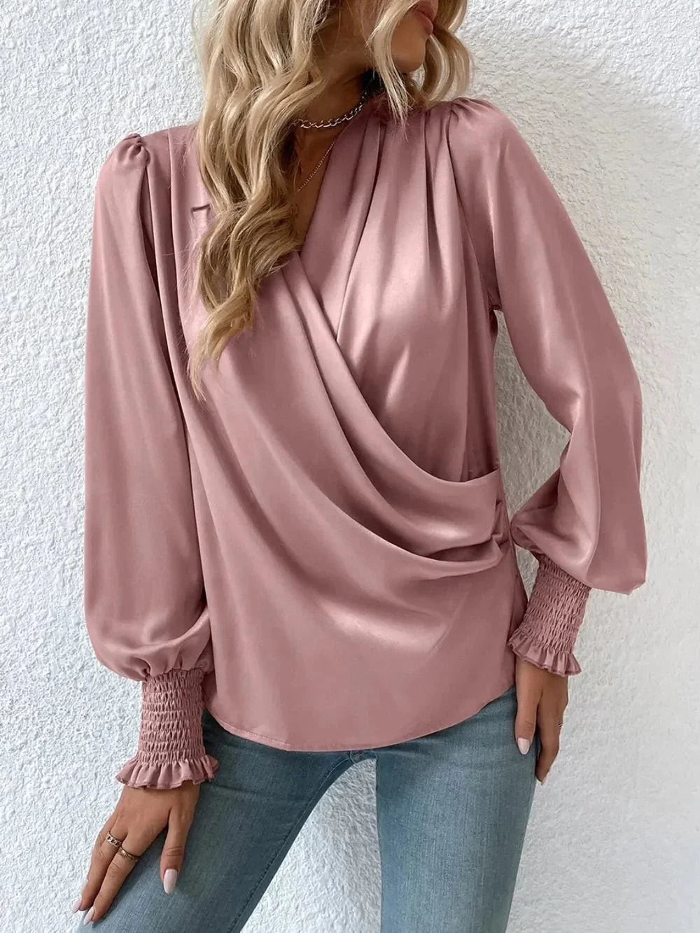 Surplice Smocked Lantern Sleeve Blouse - VILLA FASHION