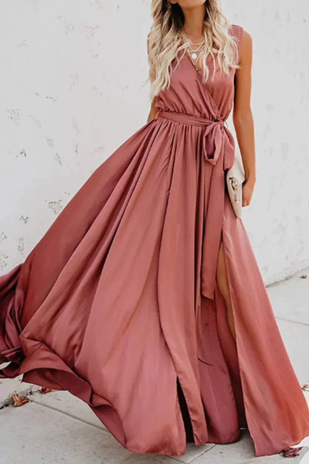 Surplice Tie Waist Maxi Dress - VILLA FASHION