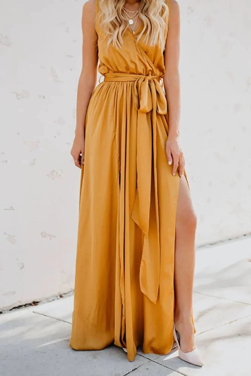 Surplice Tie Waist Maxi Dress - VILLA FASHION