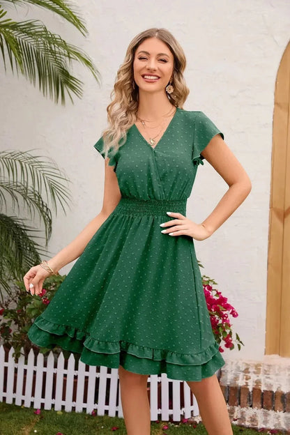 Swiss Dot Cap Sleeve Dress - VILLA FASHION