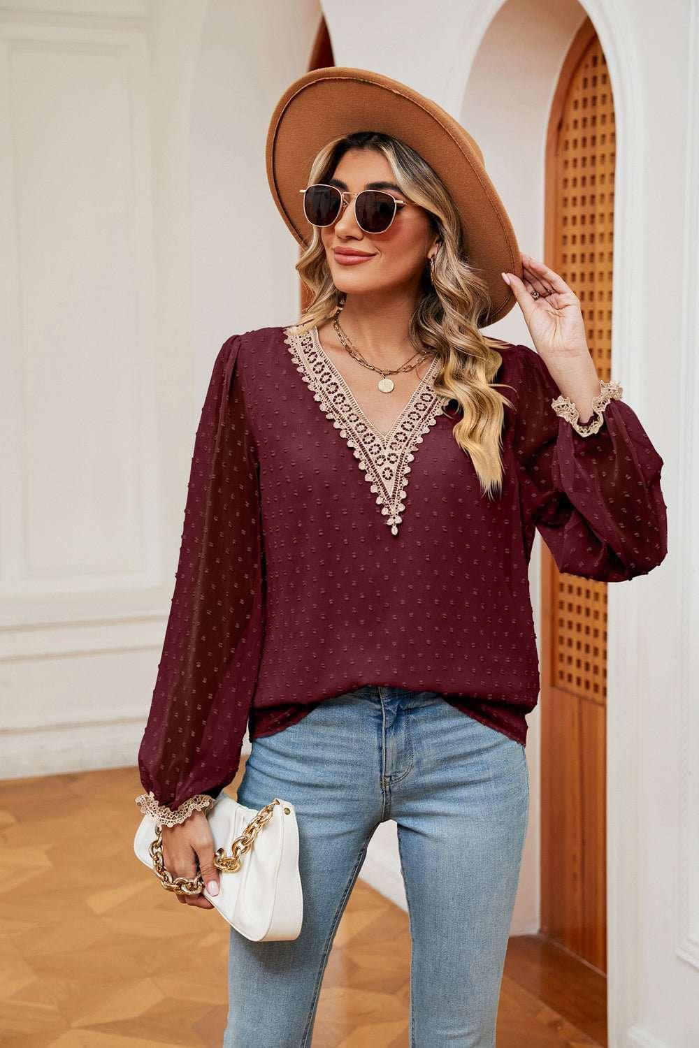 Swiss Dot Contrast V - Neck Blouse - VILLA FASHION