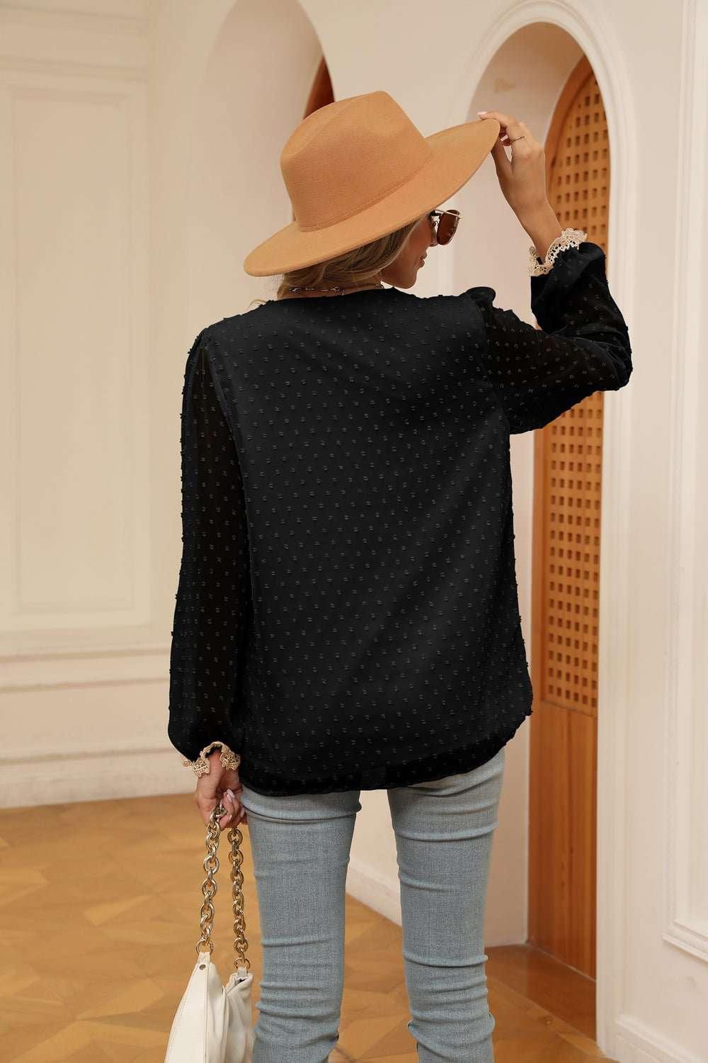 Swiss Dot Contrast V - Neck Blouse - VILLA FASHION