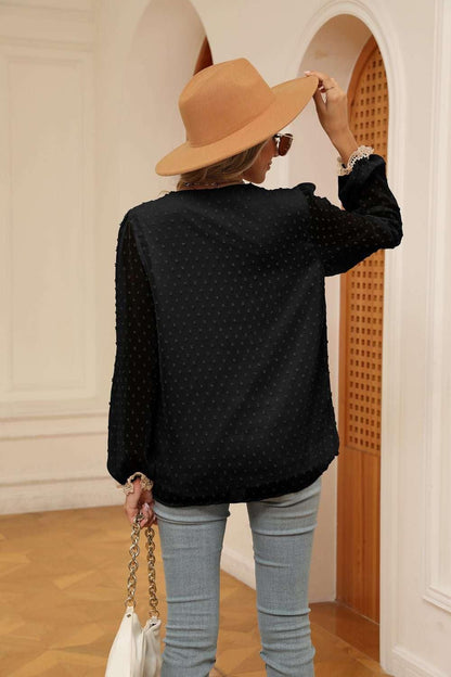 Swiss Dot Contrast V - Neck Blouse - VILLA FASHION