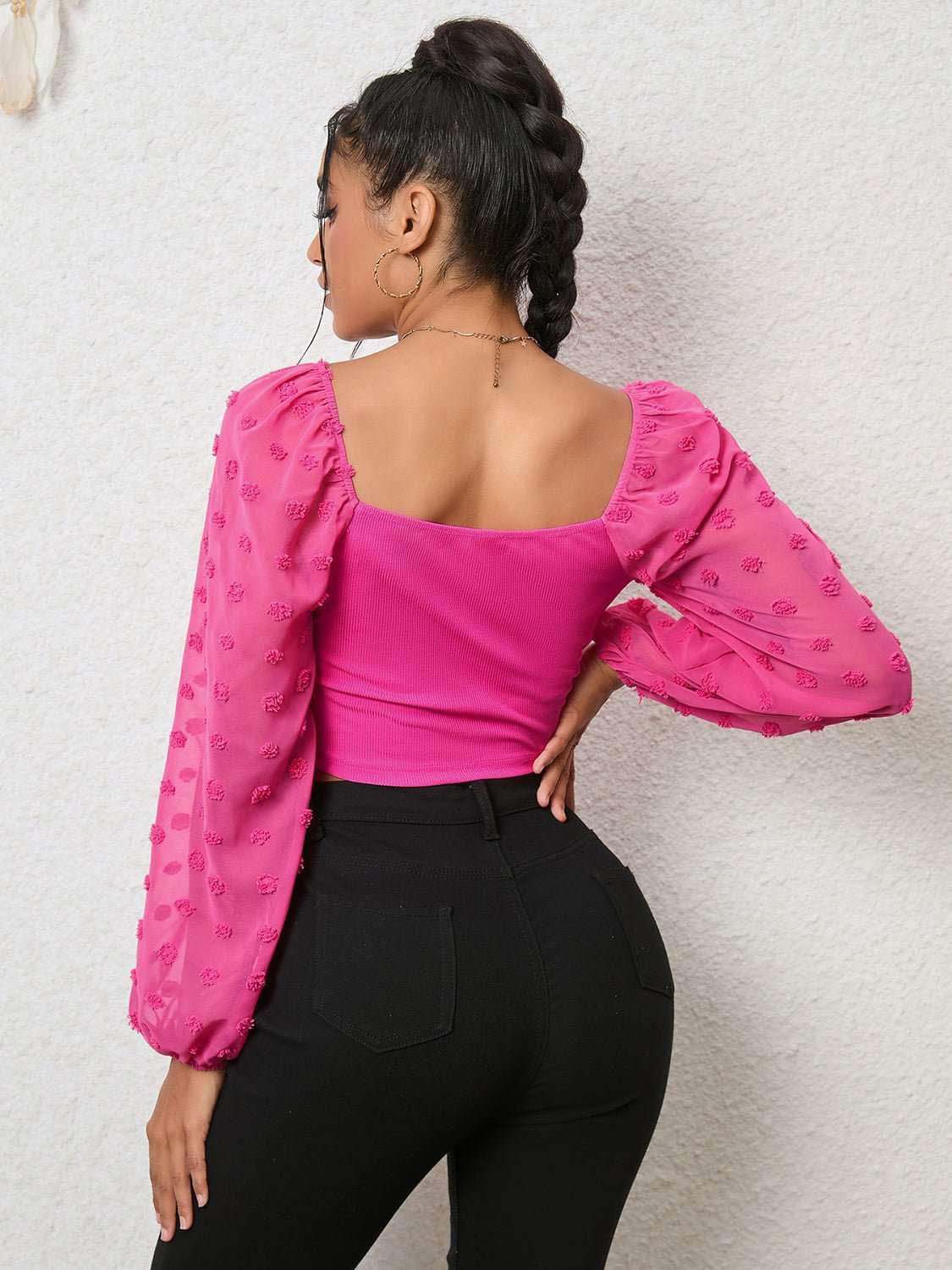 Swiss Dot Drawstring Cropped Blouse - VILLA FASHION