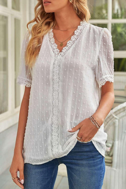Swiss Dot Lace Trim Plunge Blouse - VILLA FASHION