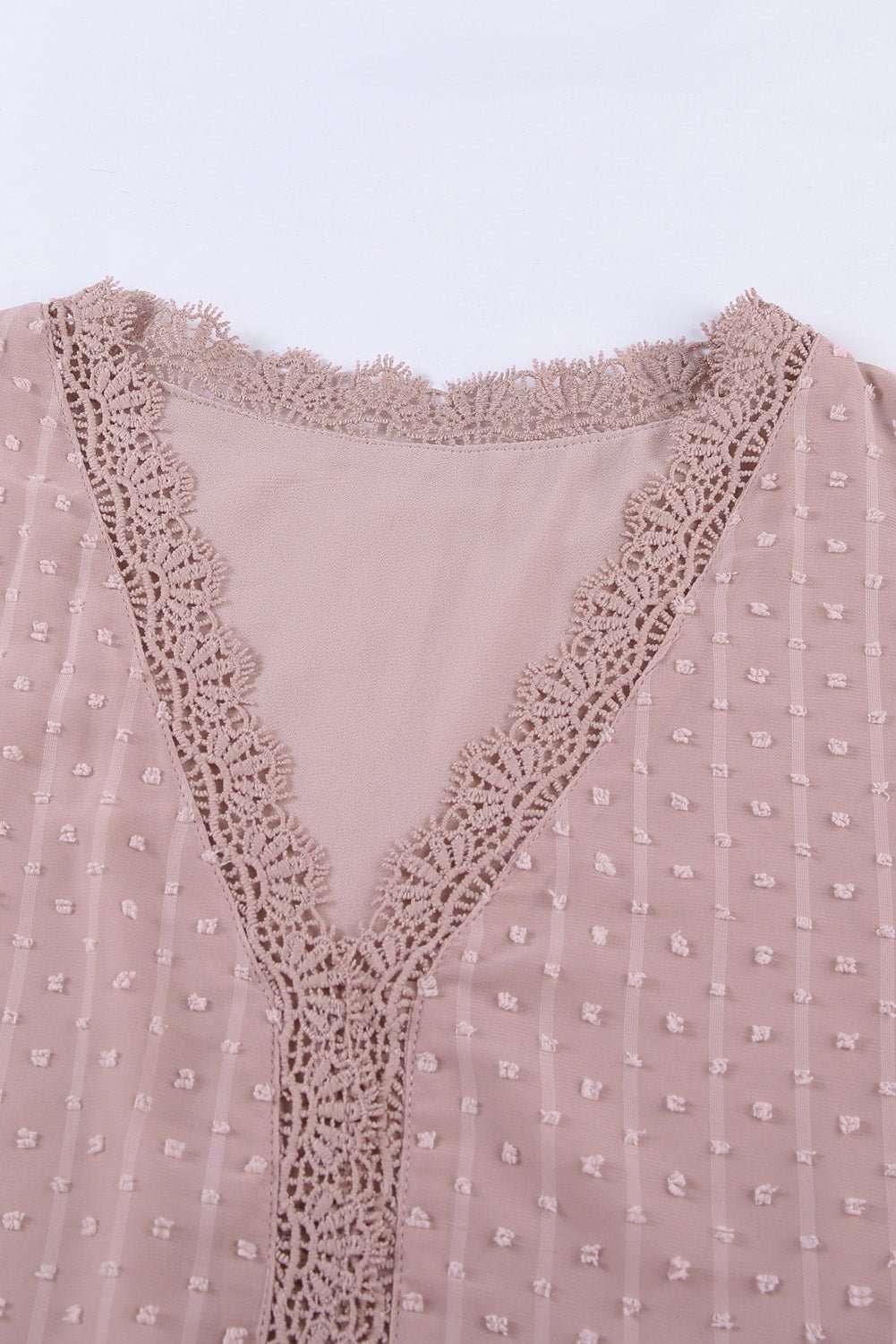 Swiss Dot Lace Trim Plunge Blouse - VILLA FASHION