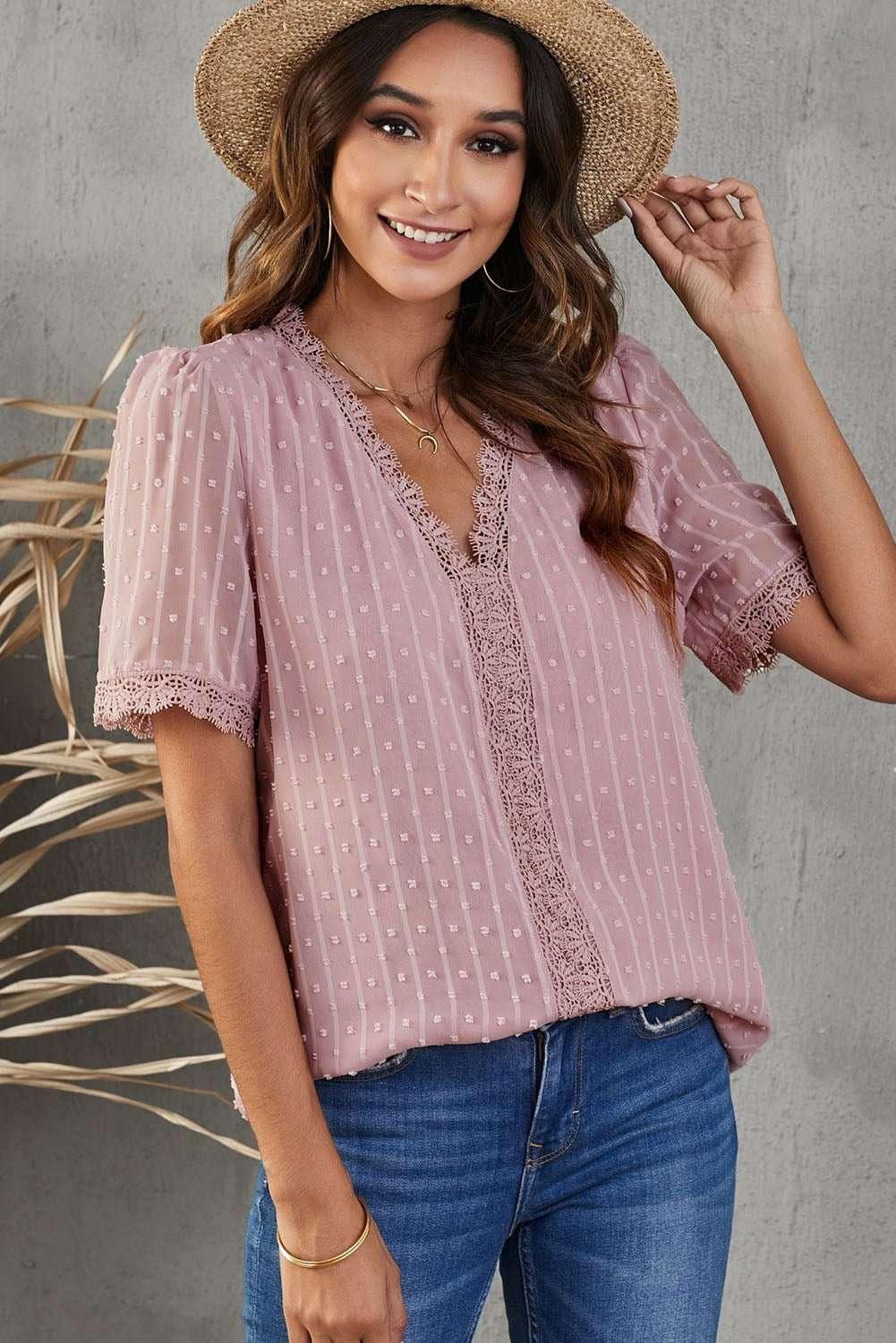 Swiss Dot Lace Trim Plunge Blouse - VILLA FASHION