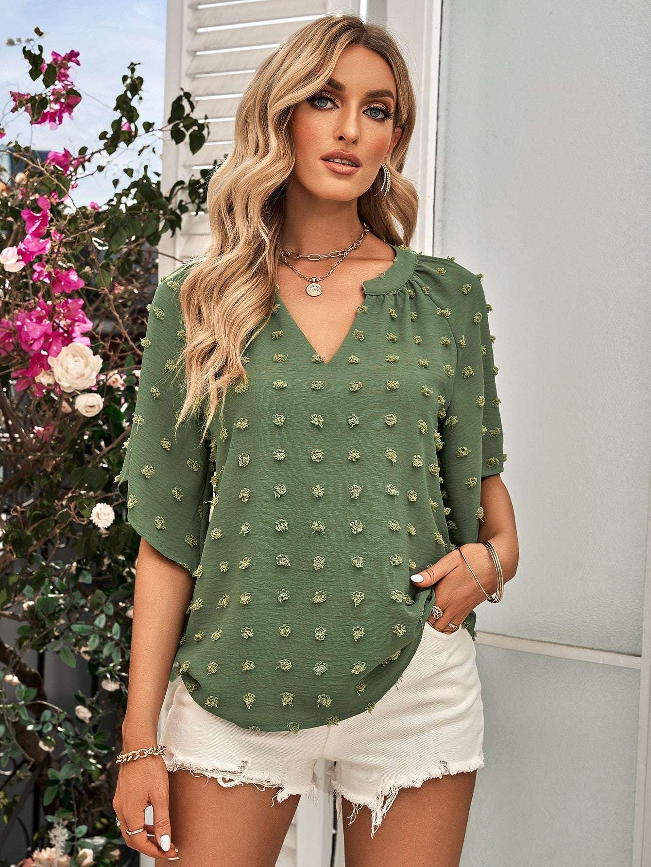 Swiss Dot Notched Neck Flare Sleeve Blouse - VILLA FASHION