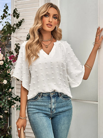 Swiss Dot Notched Neck Flare Sleeve Blouse - VILLA FASHION