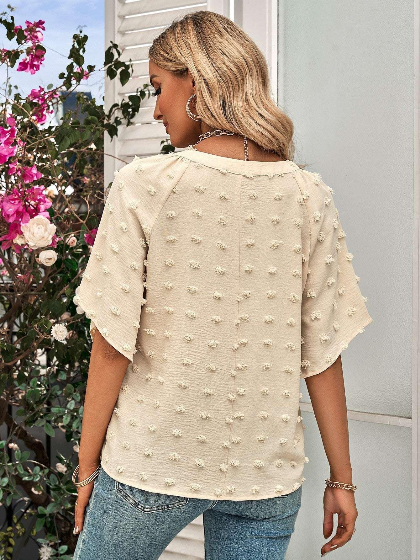 Swiss Dot Notched Neck Flare Sleeve Blouse - VILLA FASHION