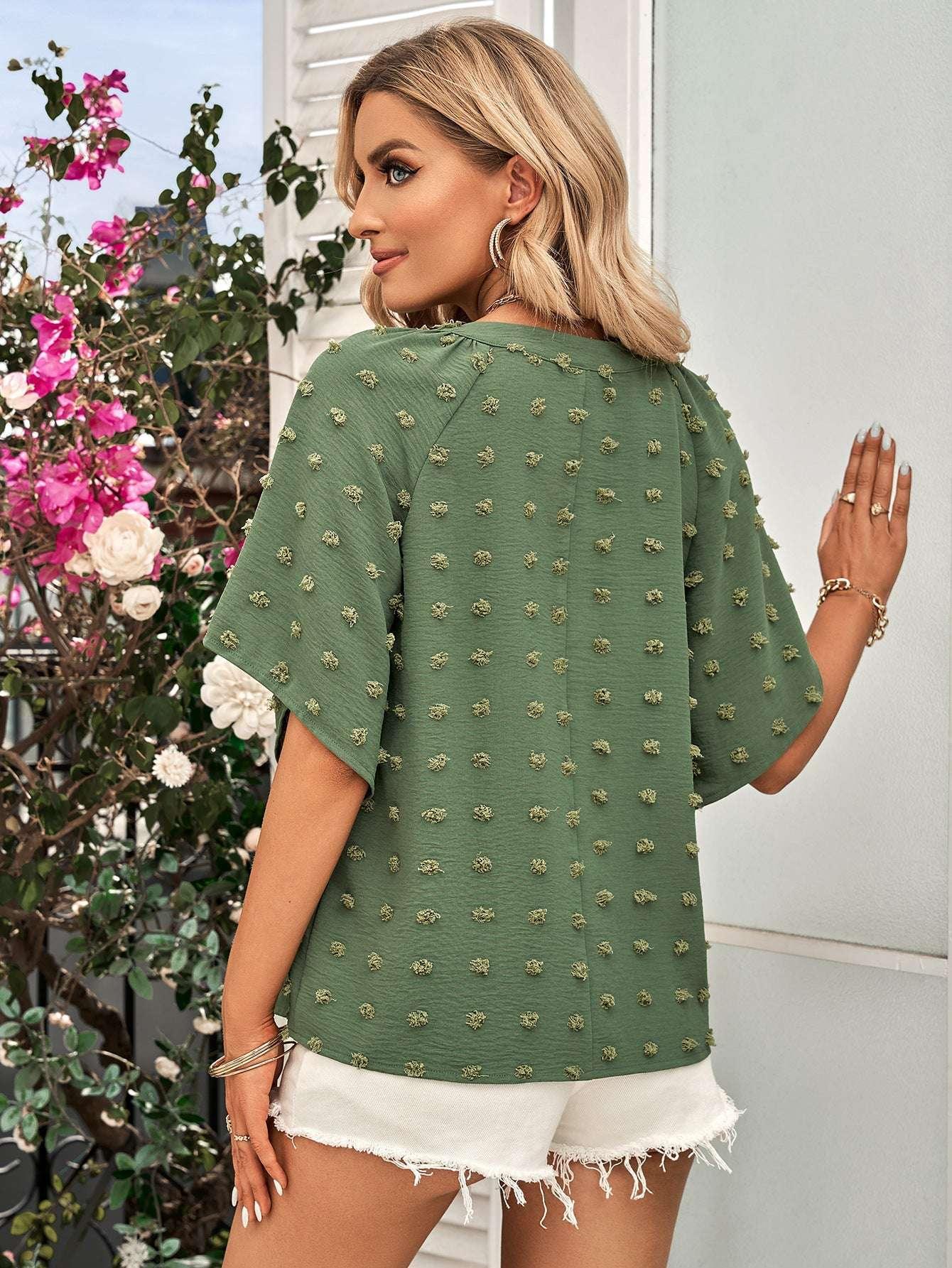 Swiss Dot Notched Neck Flare Sleeve Blouse - VILLA FASHION