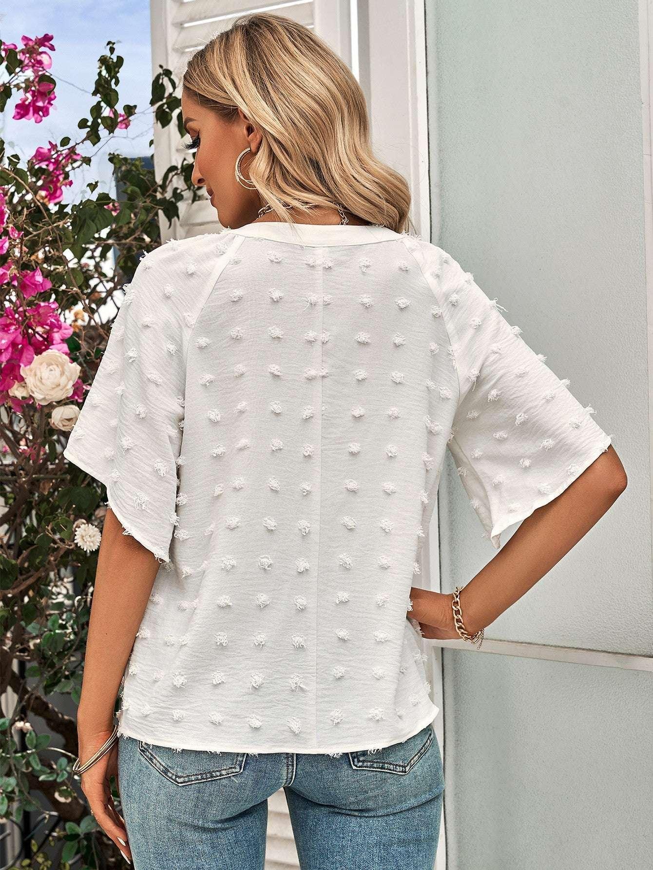 Swiss Dot Notched Neck Flare Sleeve Blouse - VILLA FASHION