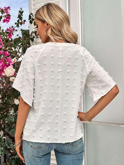 Swiss Dot Notched Neck Flare Sleeve Blouse - VILLA FASHION
