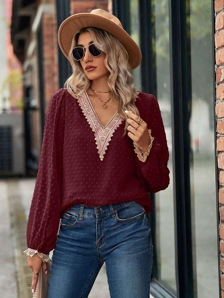 Swiss Dot V - Neck Long Sleeve Blouse - VILLA FASHION