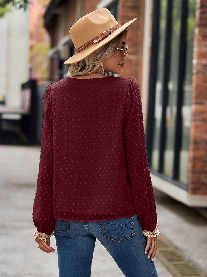 Swiss Dot V - Neck Long Sleeve Blouse - VILLA FASHION