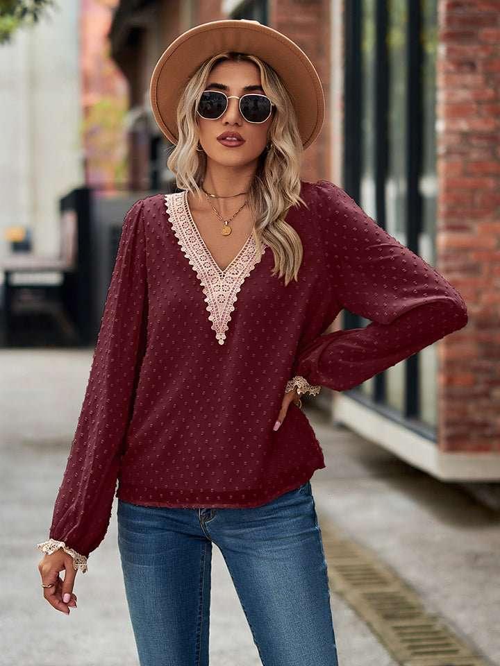 Swiss Dot V - Neck Long Sleeve Blouse - VILLA FASHION