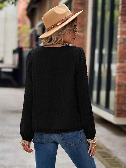 Swiss Dot V - Neck Long Sleeve Blouse - VILLA FASHION