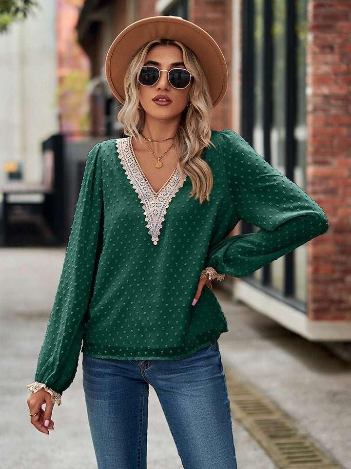 Swiss Dot V - Neck Long Sleeve Blouse - VILLA FASHION