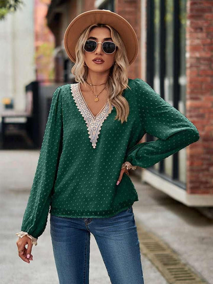 Swiss Dot V - Neck Long Sleeve Blouse - VILLA FASHION