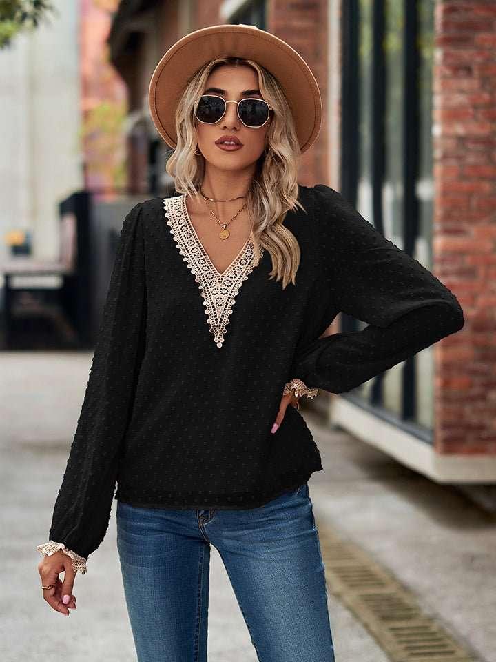 Swiss Dot V - Neck Long Sleeve Blouse - VILLA FASHION