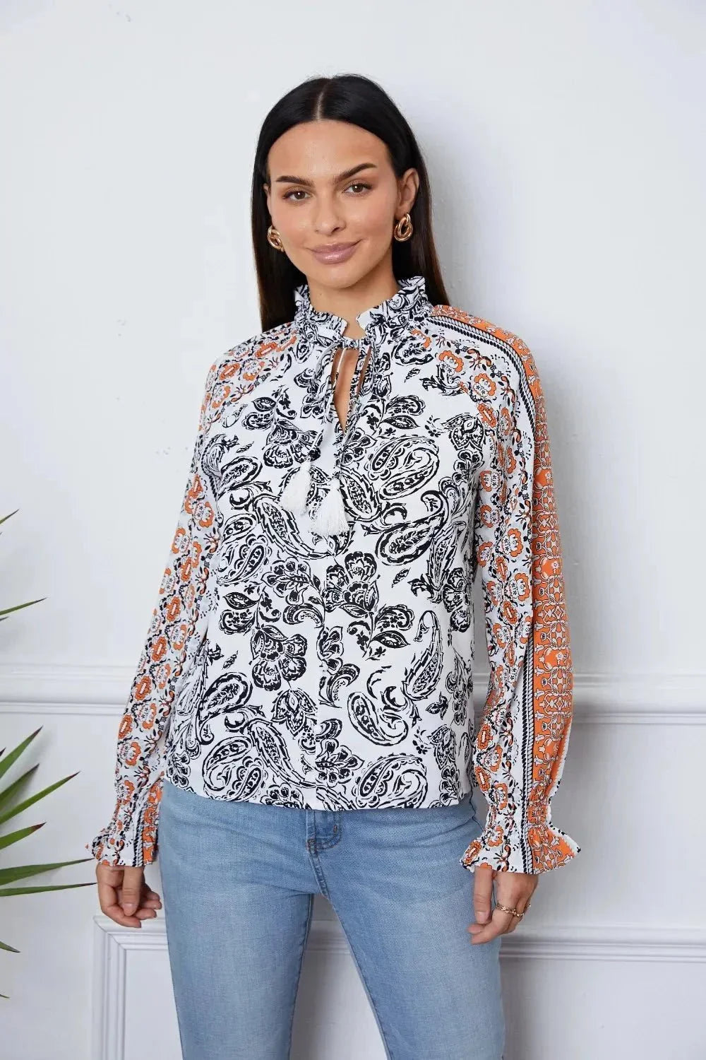 Tassel Tie Neck Printed Smocked Long Sleeve Blouse - VILLA FASHION