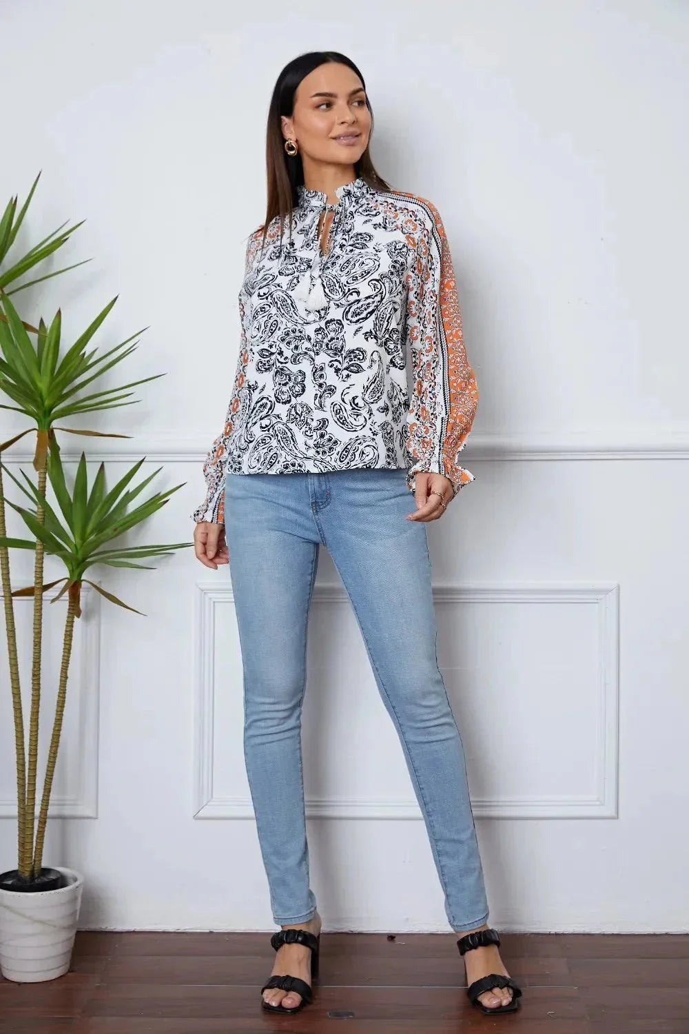 Tassel Tie Neck Printed Smocked Long Sleeve Blouse - VILLA FASHION