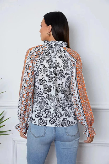 Tassel Tie Neck Printed Smocked Long Sleeve Blouse - VILLA FASHION