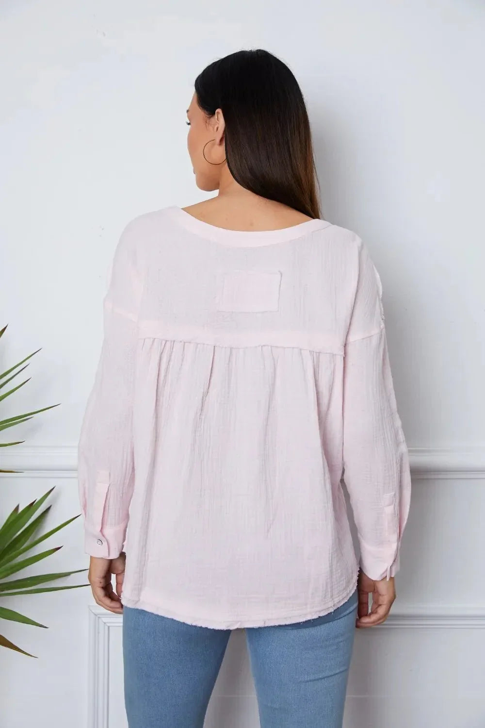 Texture Half Button Raw Hem Top - VILLA FASHION