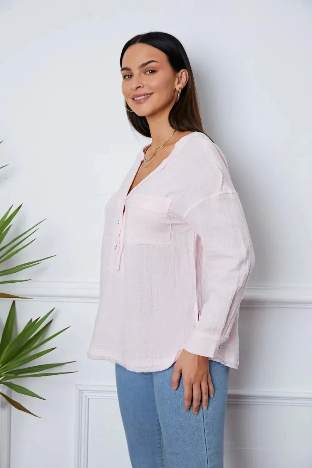Texture Half Button Raw Hem Top - VILLA FASHION