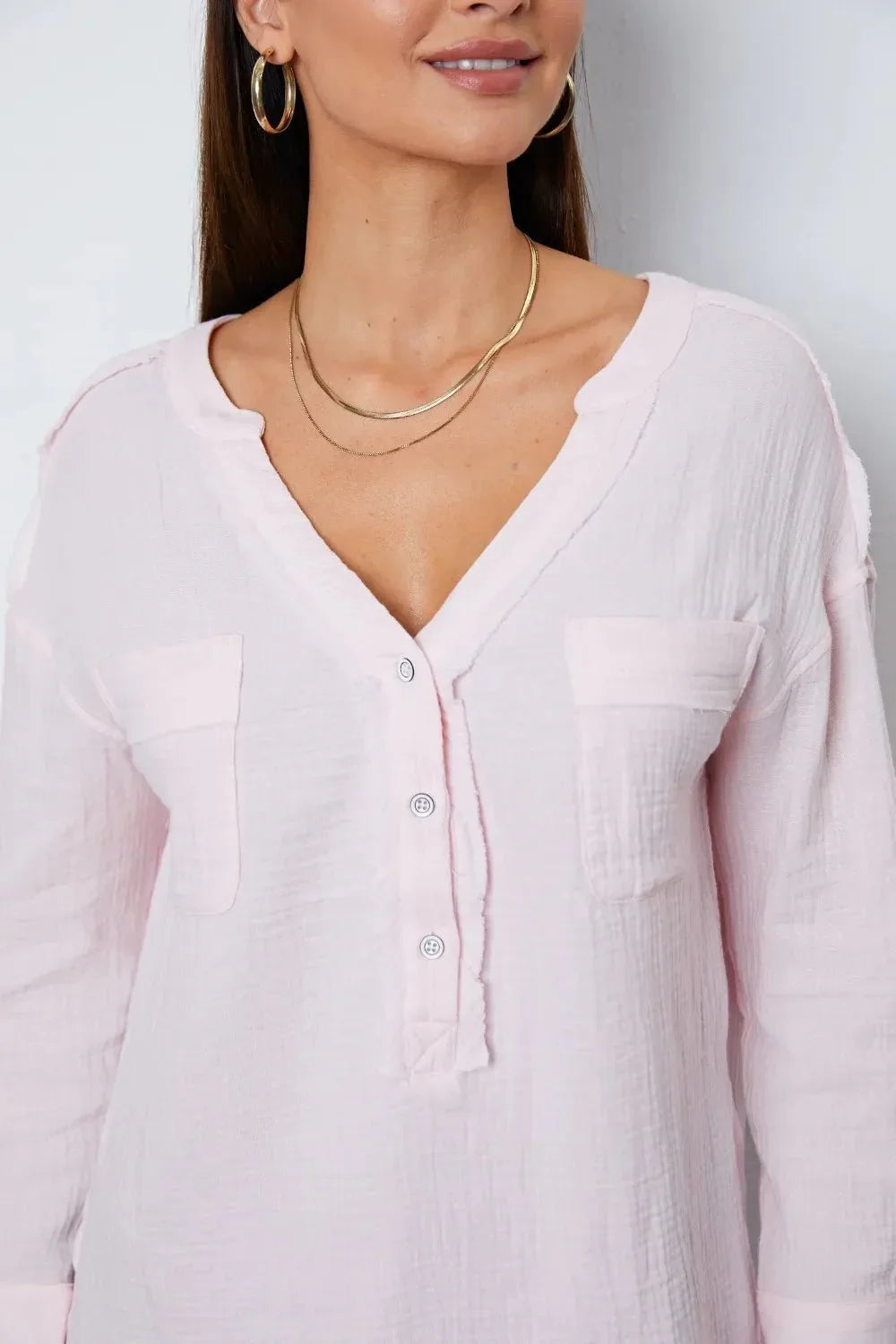 Texture Half Button Raw Hem Top - VILLA FASHION