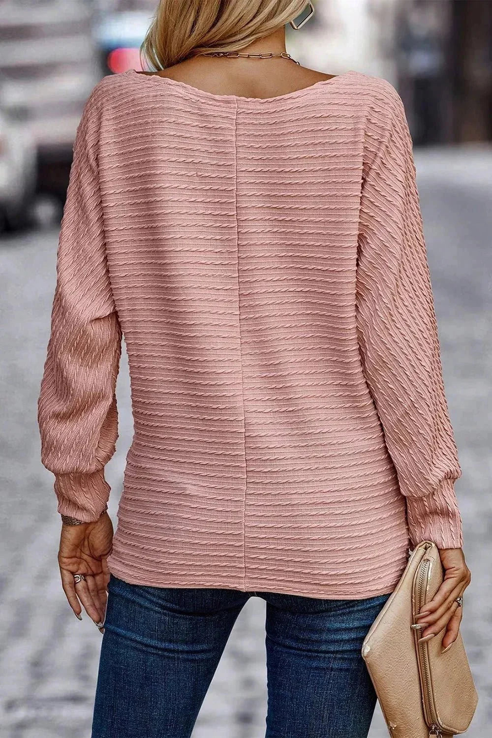 Texture Round Neck Long Sleeve Top - VILLA FASHION