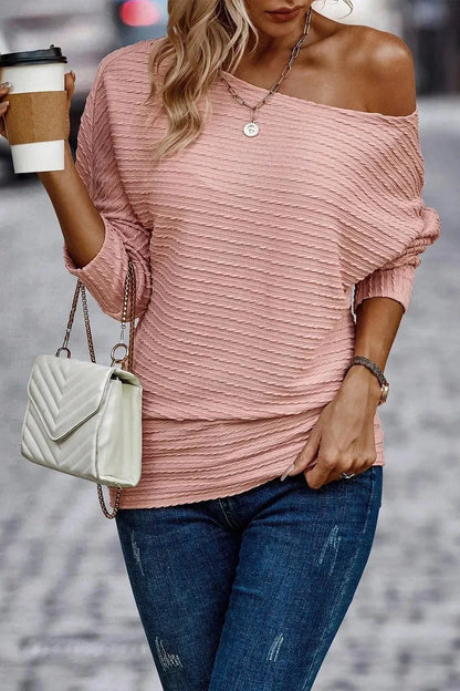 Texture Round Neck Long Sleeve Top - VILLA FASHION