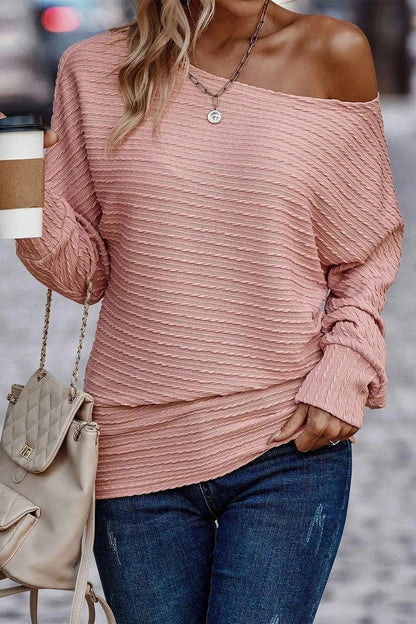 Texture Round Neck Long Sleeve Top - VILLA FASHION
