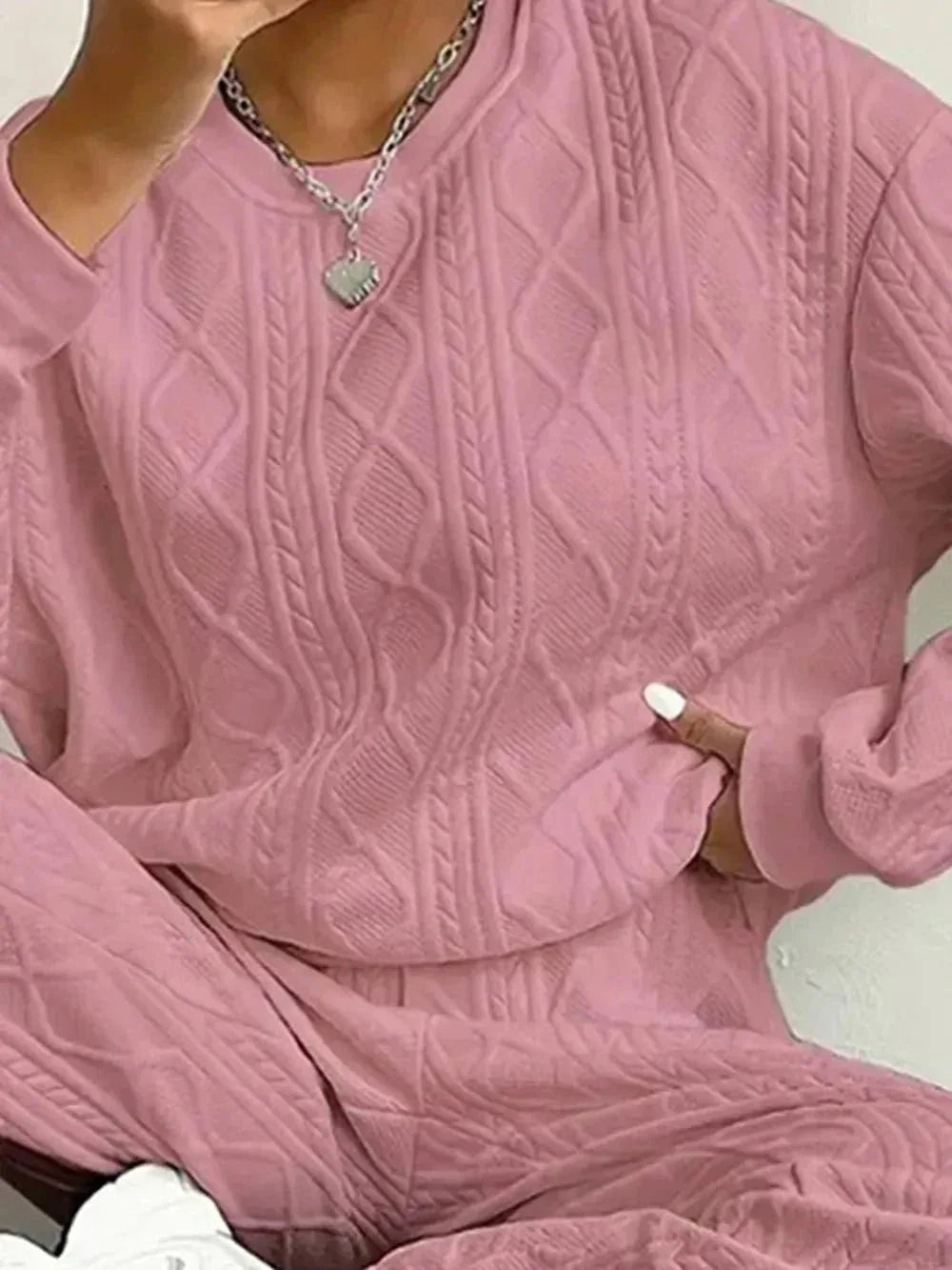 Texture Round Neck Top and Pants Set - VILLA FASHION