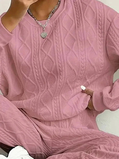 Texture Round Neck Top and Pants Set - VILLA FASHION