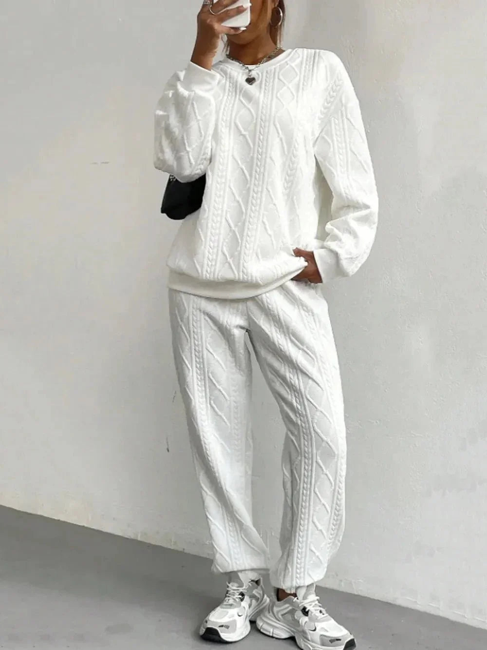 Texture Round Neck Top and Pants Set - VILLA FASHION