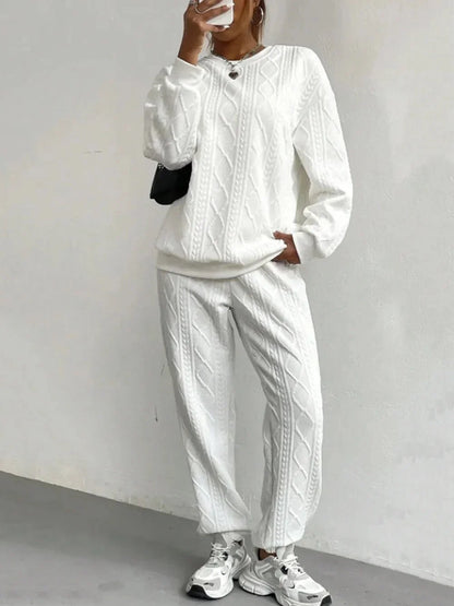 Texture Round Neck Top and Pants Set - VILLA FASHION