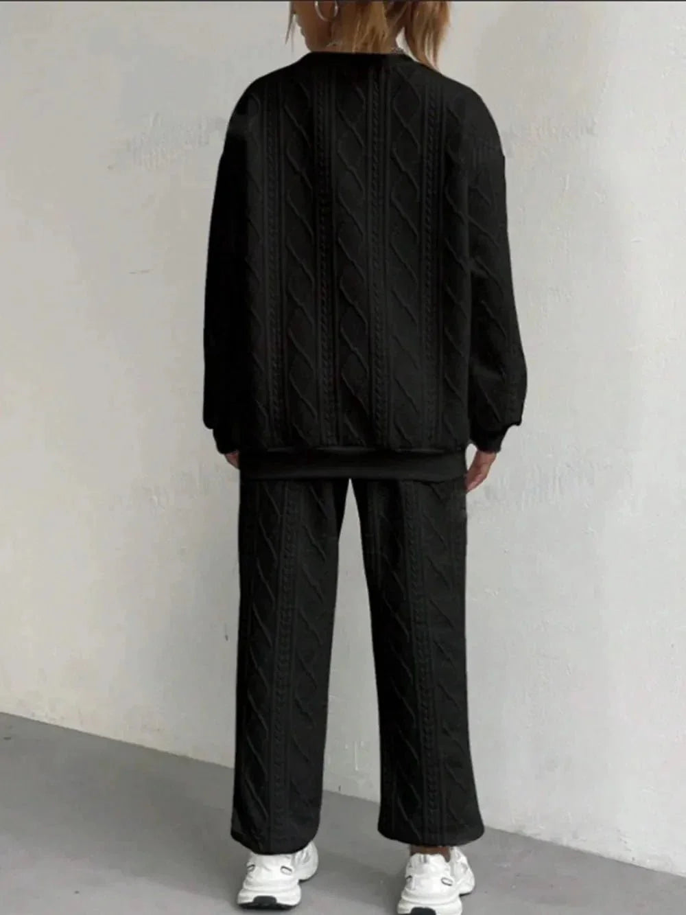 Texture Round Neck Top and Pants Set - VILLA FASHION