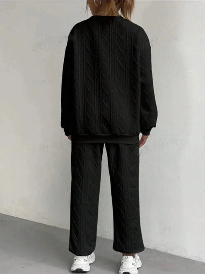 Texture Round Neck Top and Pants Set - VILLA FASHION