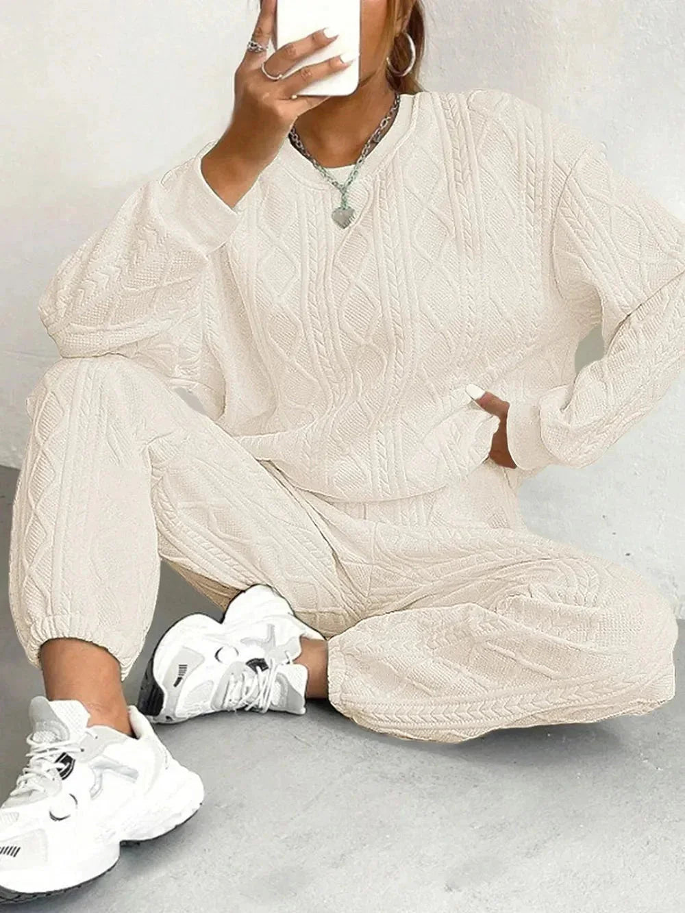 Texture Round Neck Top and Pants Set - VILLA FASHION