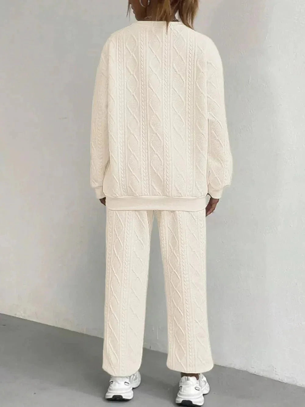 Texture Round Neck Top and Pants Set - VILLA FASHION